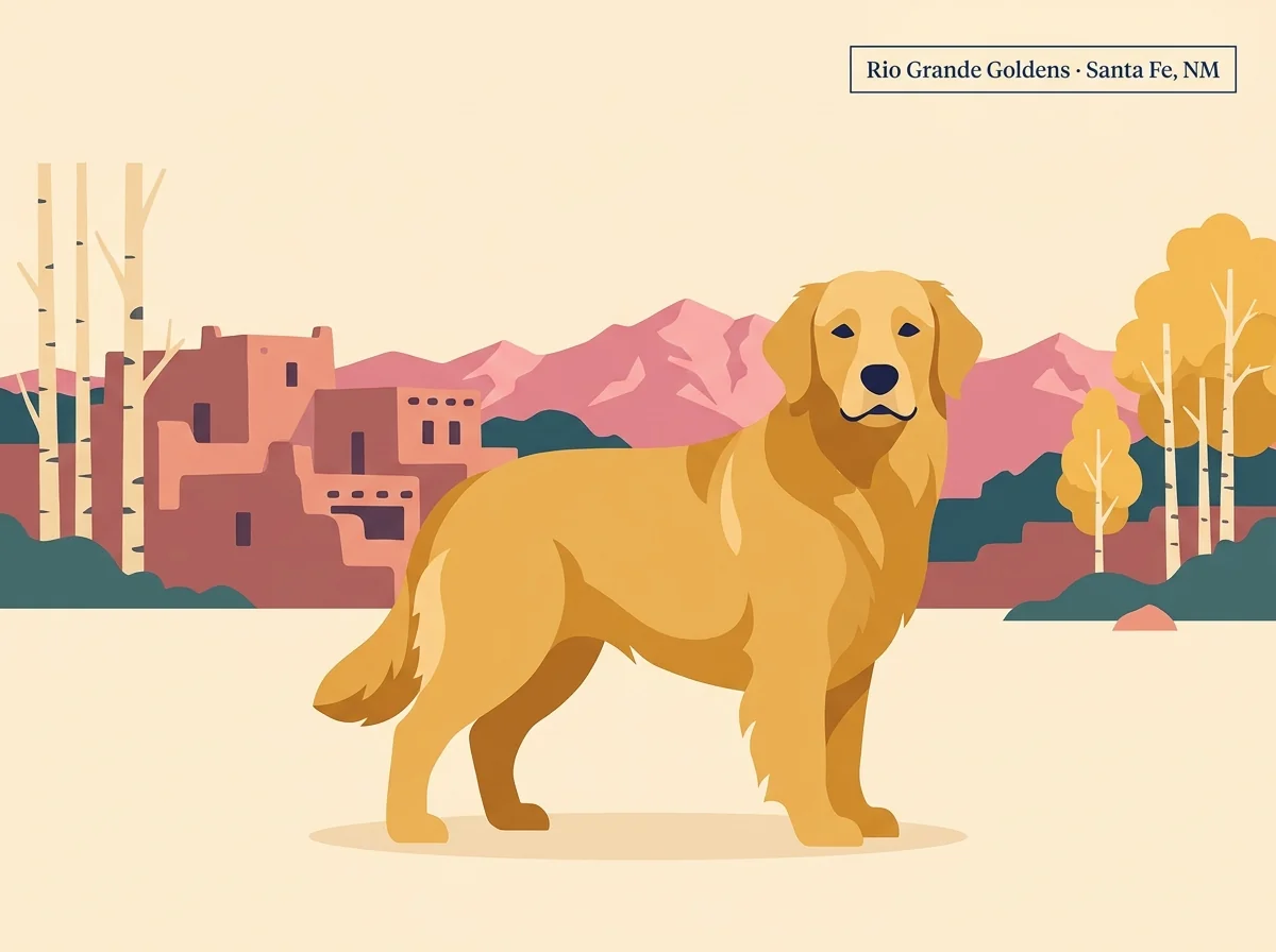 Rio Grande Goldens editorial profile card showing a golden retriever against a Santa Fe adobe pueblo and Sangre de Cristo mountain backdrop