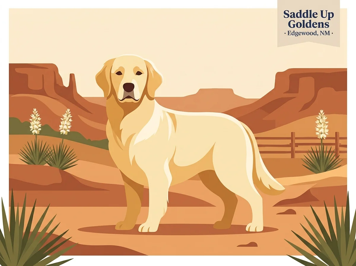 Saddle Up Goldens editorial profile card showing a golden retriever against an east mountain New Mexico landscape with adobe and yucca elements