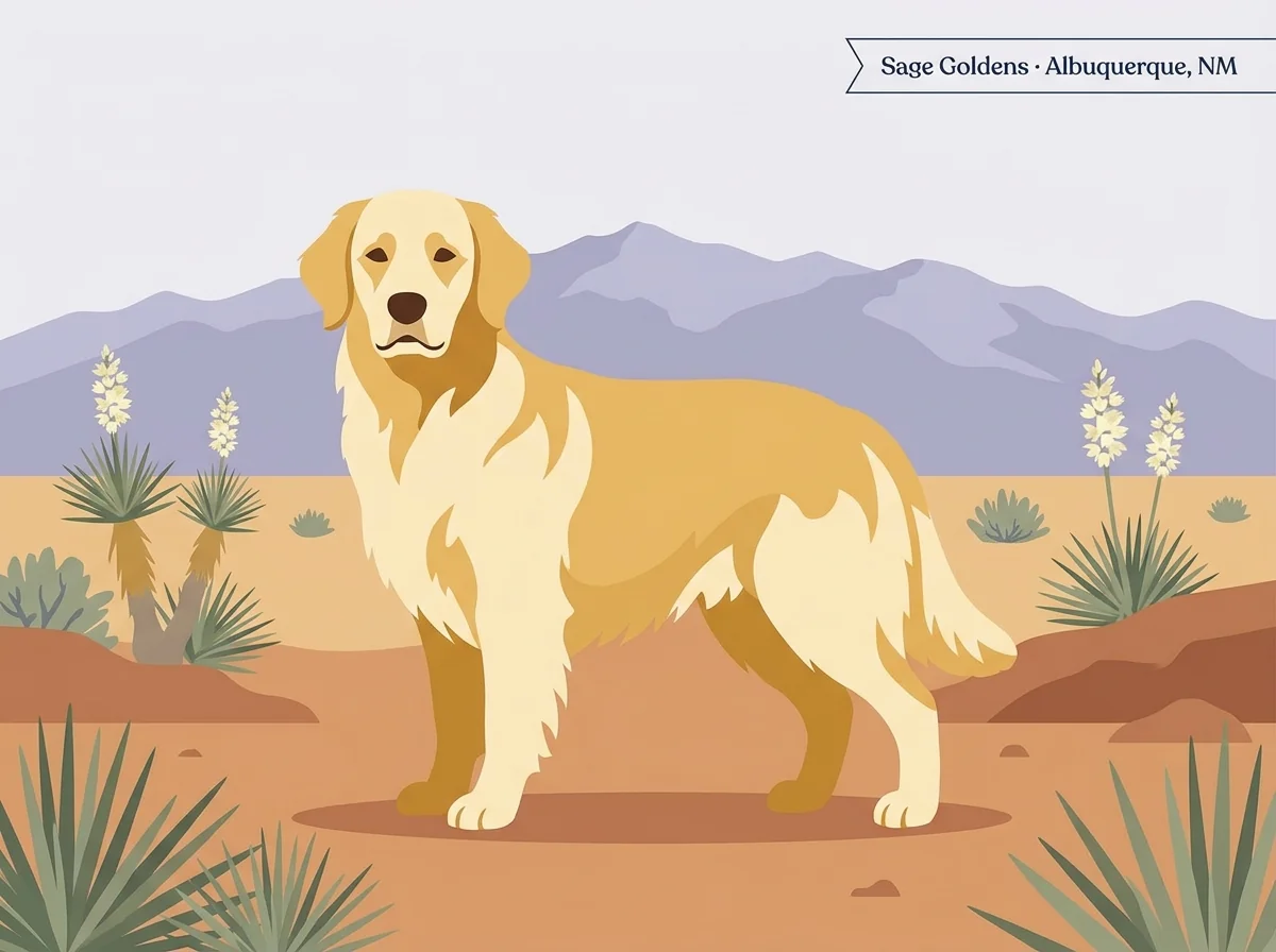 Sage Goldens editorial profile card with golden retriever puppy against an Albuquerque high-desert backdrop, featuring Sandia Mountain silhouette