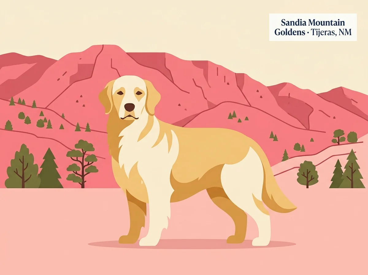 Sandia Mountain Goldens editorial profile card showing a golden retriever against the Sandia Mountains with juniper and pinyon