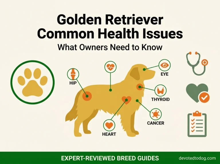 Golden Retriever common health issues diagram showing hip heart eye thyroid cancer body area callouts