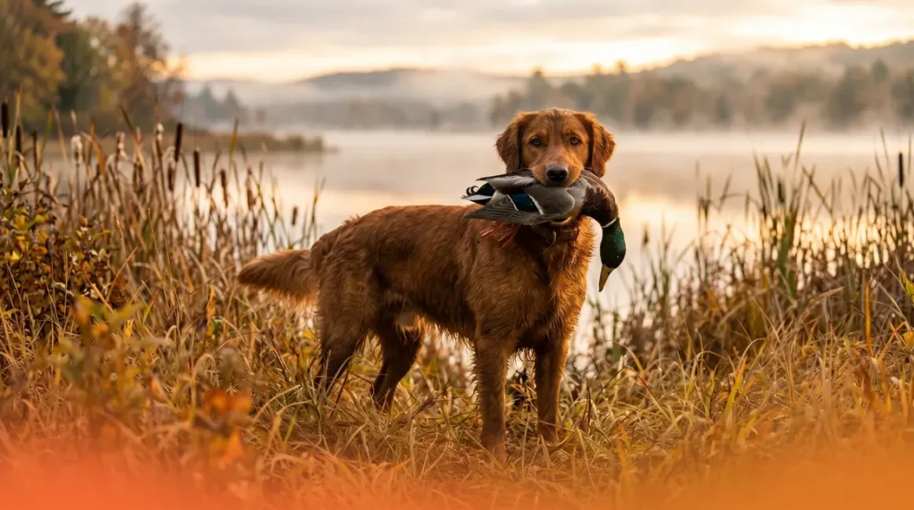 Field-bred golden retriever hunting dog holding mallard duck in soft mouth at dawn