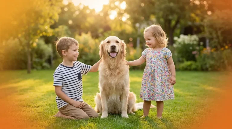 Golden retriever sitting gently with two young children in a sunny backyard