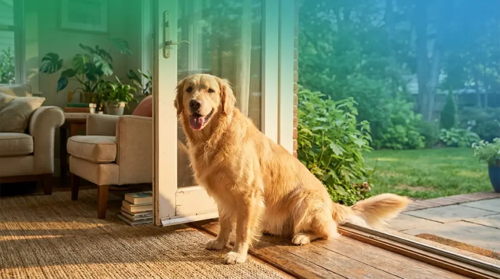 Golden Retriever sitting at open back door between indoor home and outdoor backyard