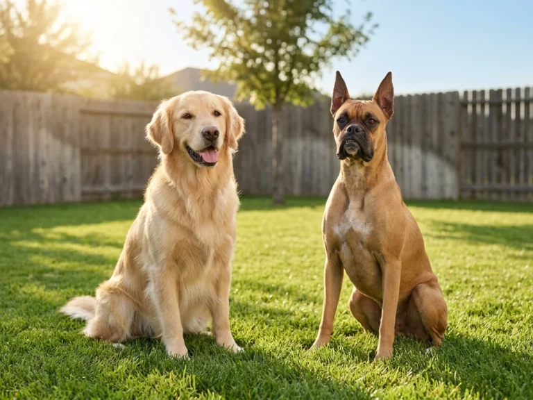 Golden Retriever and Boxer sitting side by side in a sunlit backyard for breed comparison
