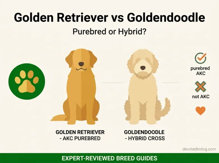 Golden Retriever vs Goldendoodle comparison showing AKC purebred golden and hybrid cross goldendoodle silhouettes side by side