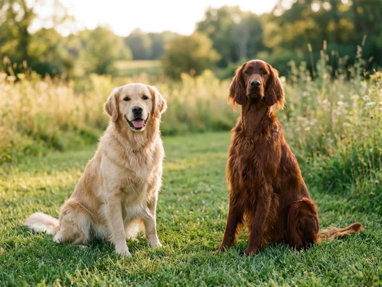 Golden Retriever and Irish Setter sitting side by side in a sunlit meadow for breed comparison