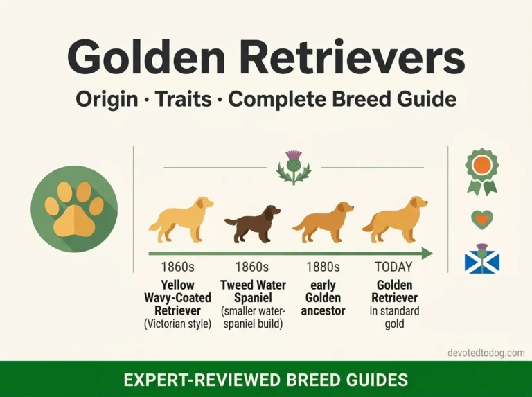 Golden Retriever breed origin timeline showing Yellow Wavy-Coated Retriever Tweed Water Spaniel and modern golden retriever ancestry from 1860s Scotland to today