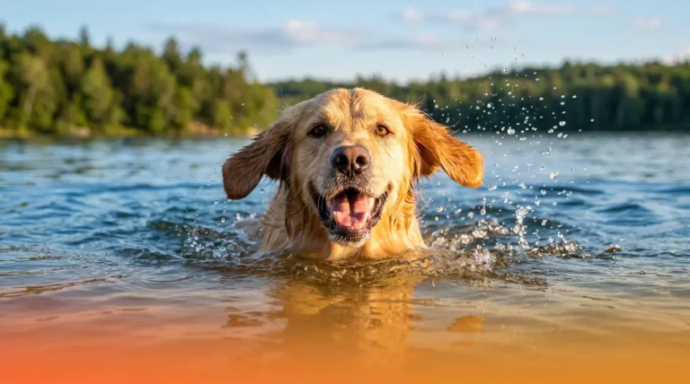 Do golden retrievers like water — happy Golden Retriever swimming joyfully in a sunlit lake