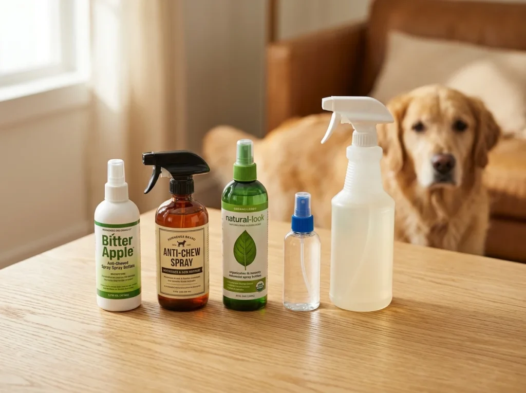 Best anti-chew spray for dogs: 5 bitter apple and no-chew spray bottles arranged on wood with Golden Retriever in background