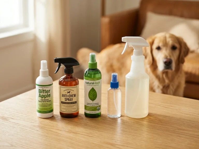 Best anti-chew spray for dogs: 5 bitter apple and no-chew spray bottles arranged on wood with Golden Retriever in background
