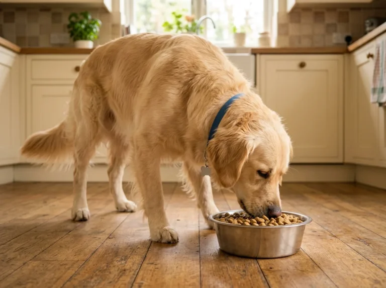 Golden Retriever happily eating dry kibble from a stainless steel bowl in a sunny kitchen