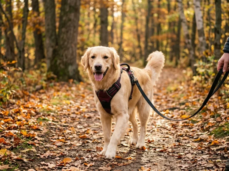 Golden Retriever wearing a no-pull harness on a wooded forest trail in autumn