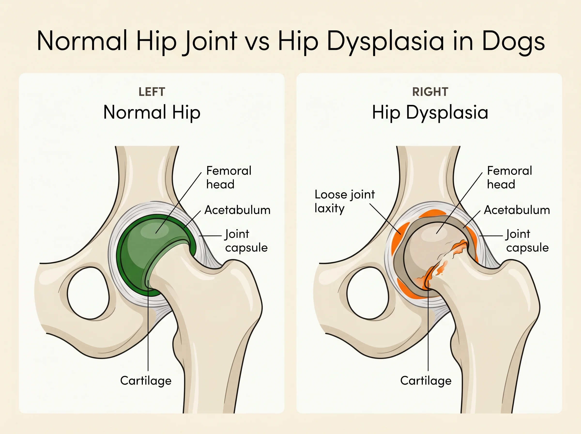 Anatomical comparison of a normal canine hip joint versus hip dysplasia in dogs showing femoral head, acetabulum, joint capsule, and cartilage
