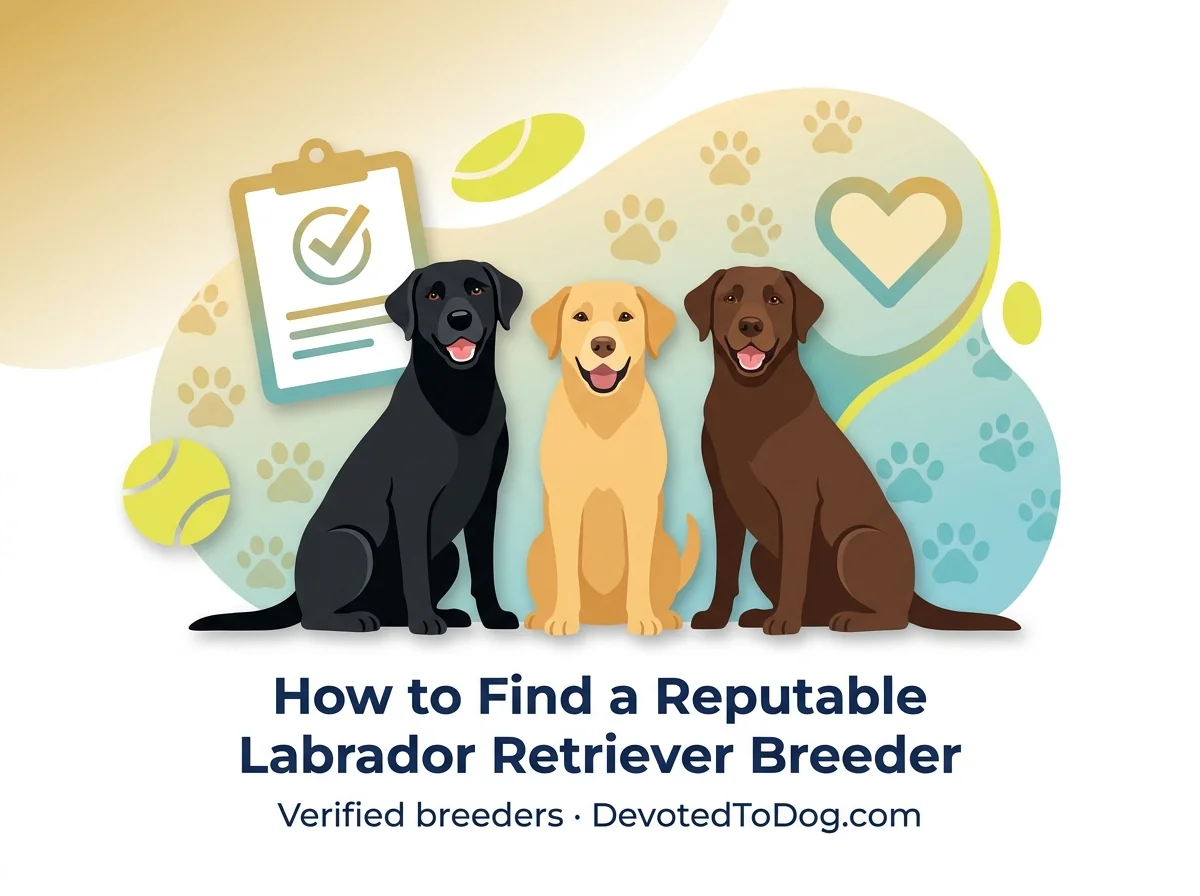 Editorial header showing how to find a reputable Labrador breeder: black, yellow, and chocolate Labradors with health testing checklist and verified-breeders badge