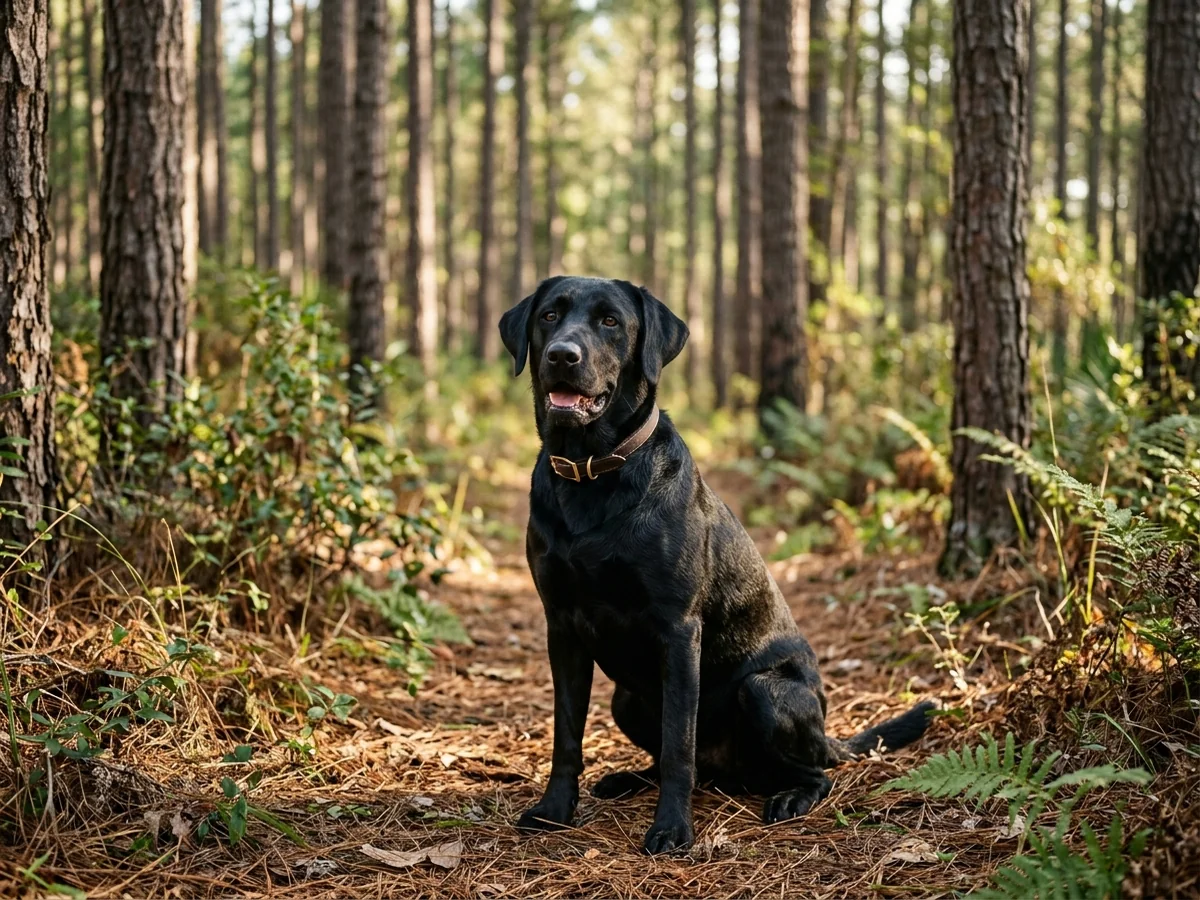 Black Labrador retriever in Coosa County Alabama pine flatwoods representing A&B Labradors