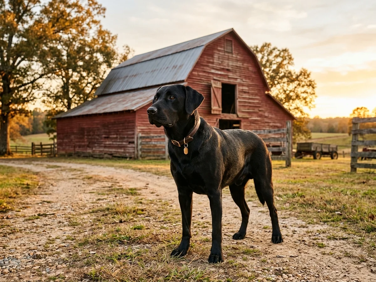 Black Labrador retriever near a red barn representing Alabama Labs