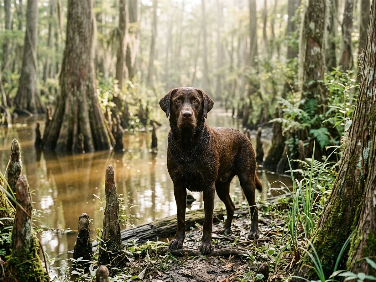 Chocolate Labrador retriever in a NW Alabama river bottomland representing Crimson Kennels