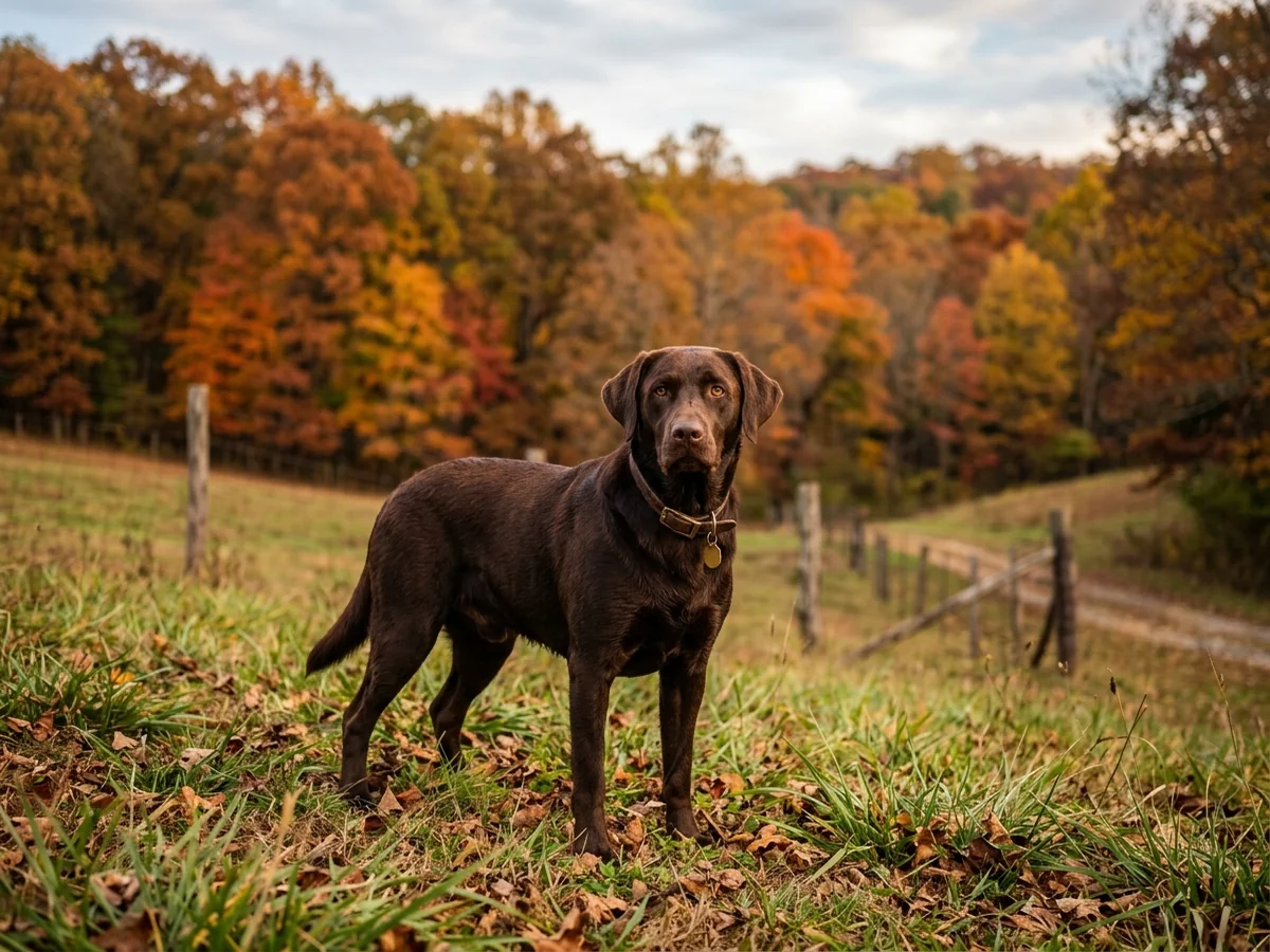 Chocolate Labrador retriever in a Cullman Alabama autumn pasture representing Hickory Nut Kennels