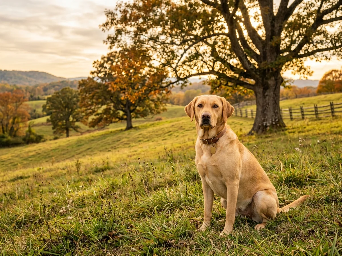Yellow Labrador retriever in a north Alabama hill country pasture representing Rock Springs Labs