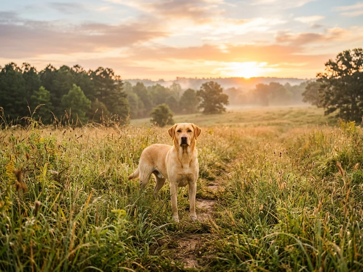 Yellow Labrador retriever at sunrise in a Tuscaloosa Alabama meadow representing Rockcastle Labs