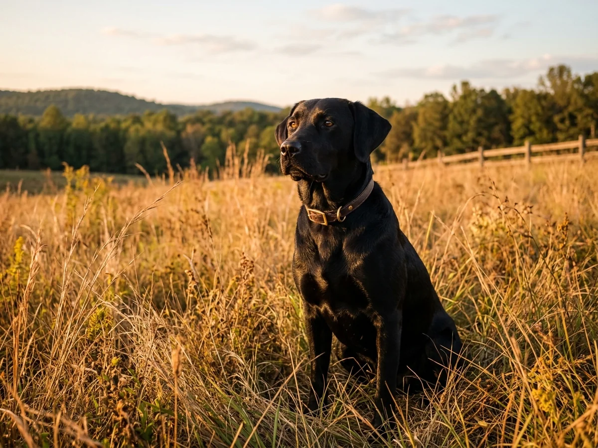 Black Labrador retriever in a Blount County Alabama upland field representing Ruffwood Labs