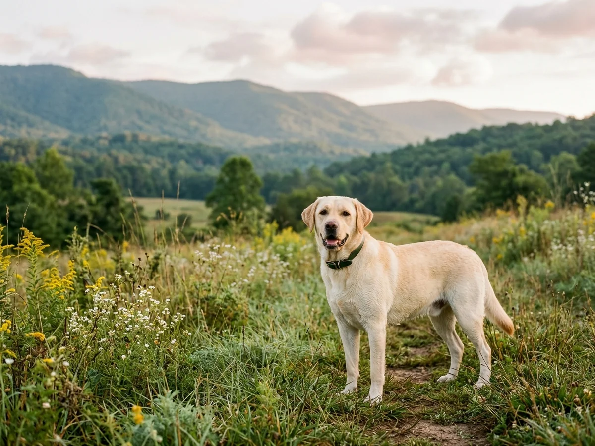 English-style yellow Labrador retriever in a north Alabama meadow representing Silver Birch Labrador Retrievers