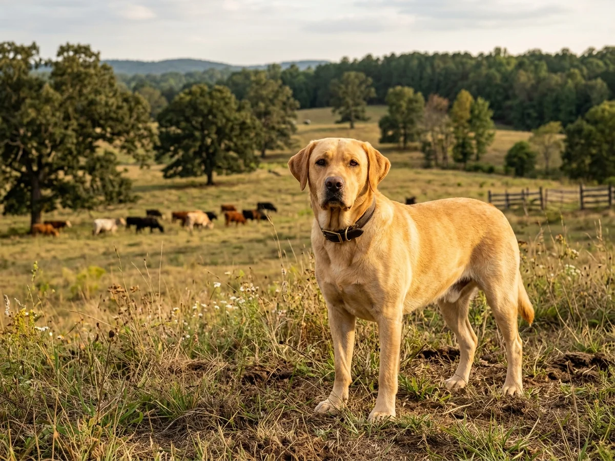 English-style yellow Labrador retriever on an Alabama cattle ranch representing Silverhills English Labradors