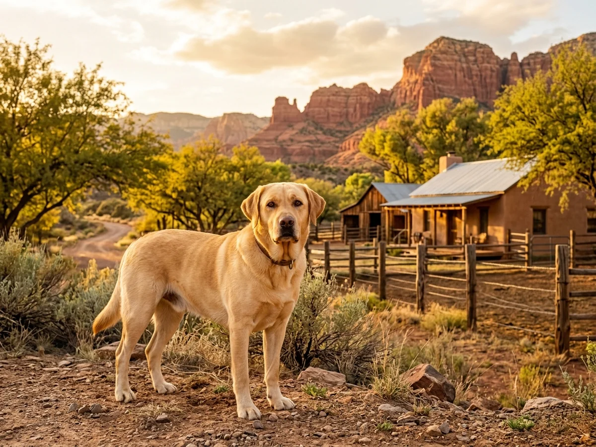Yellow Labrador retriever in an Arizona desert ranch representing Az Firehouse Labs