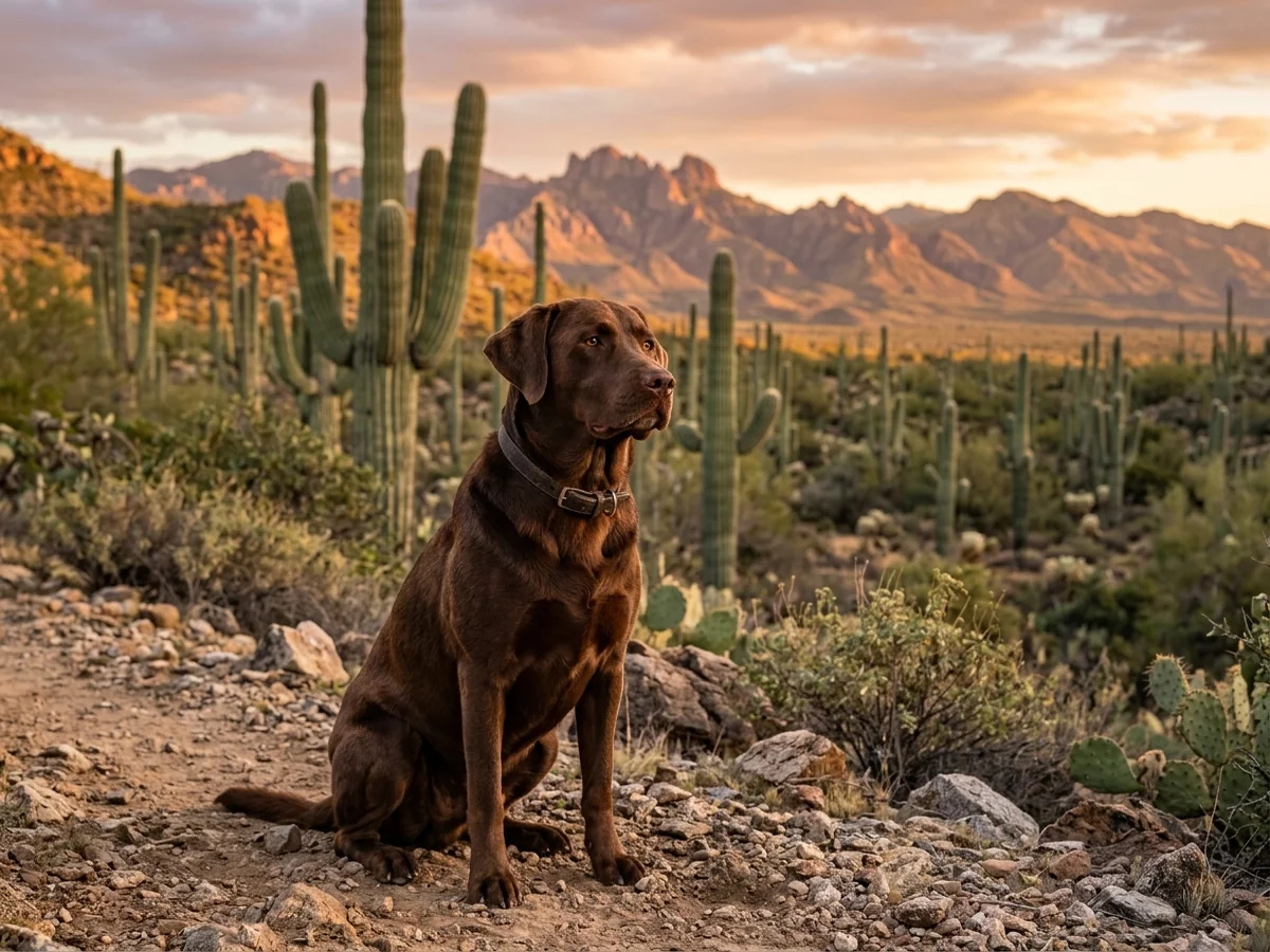 Chocolate Labrador retriever in a Marana Arizona desert representing Chiricahua Retrievers