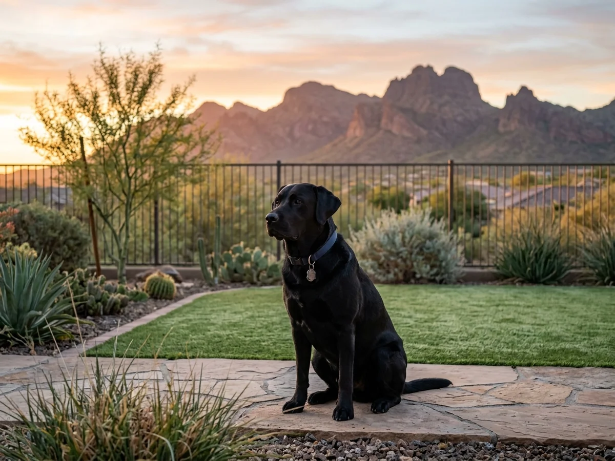 Black Labrador retriever in an Anthem Arizona desert backyard representing Daisy Mountain Labs