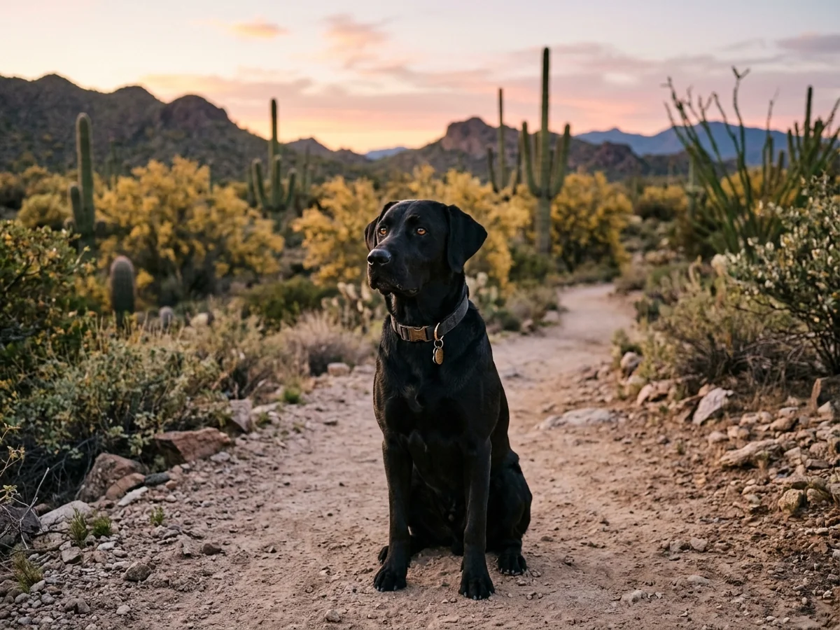 Black Labrador retriever on an Arizona desert trail at dusk representing Graves Labradors