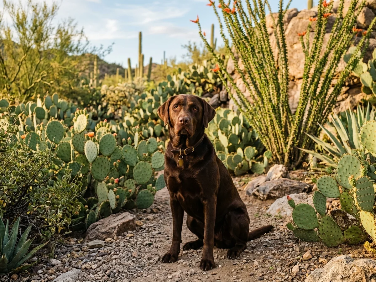 Chocolate Labrador retriever in a Tucson Arizona desert garden representing Kelsey Labrador Retrievers