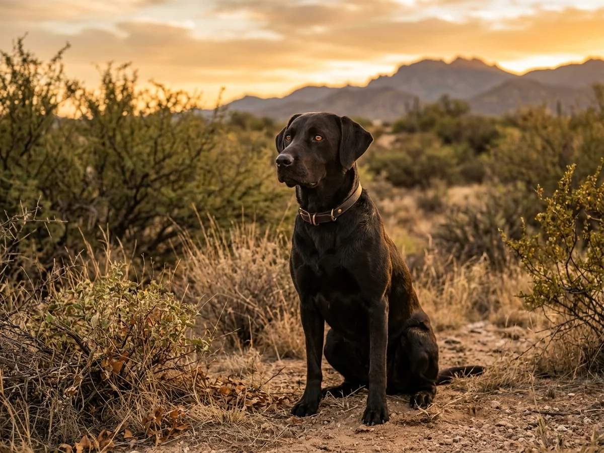 Black Labrador retriever in an Arizona desert field representing Luvable AZ Labs
