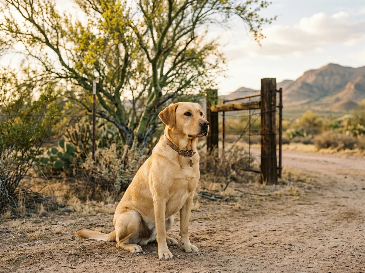 Yellow Labrador retriever in an Arizona desert ranch representing Quail Chase Labradors