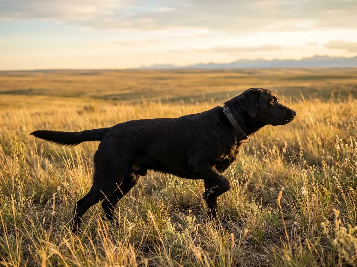 Black Labrador retriever in a Colorado eastern plains field representing Bearpoint Kennels