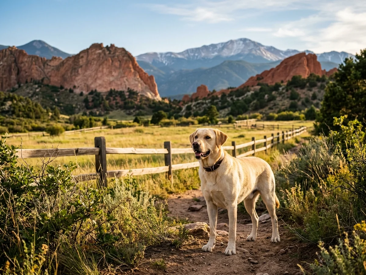 Yellow Labrador retriever in a Colorado high-country ranch representing Justamere Ranch