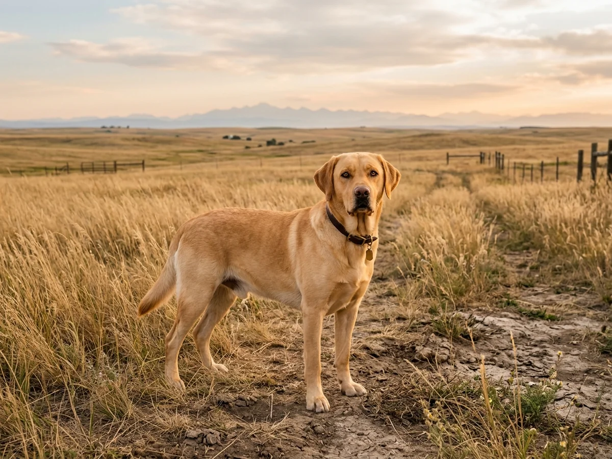 Yellow Labrador retriever in a Colorado eastern plains farm representing Whispering Pine Labradors