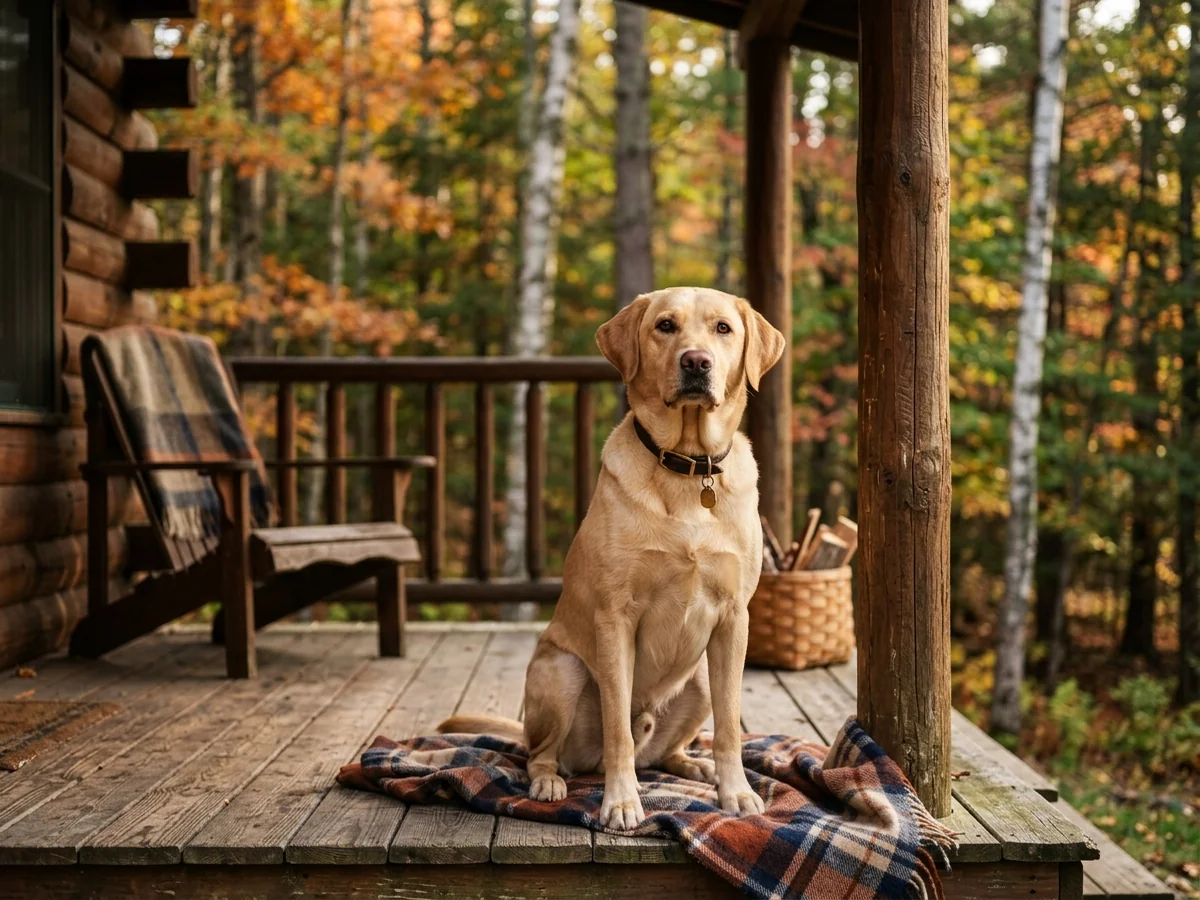 Yellow Labrador retriever in a New England cabin setting representing Cabin Labradors
