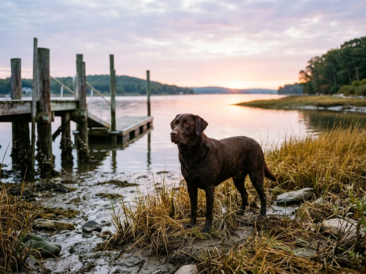 Chocolate Labrador retriever in a Connecticut coastal scene representing Cross Bay Labradors