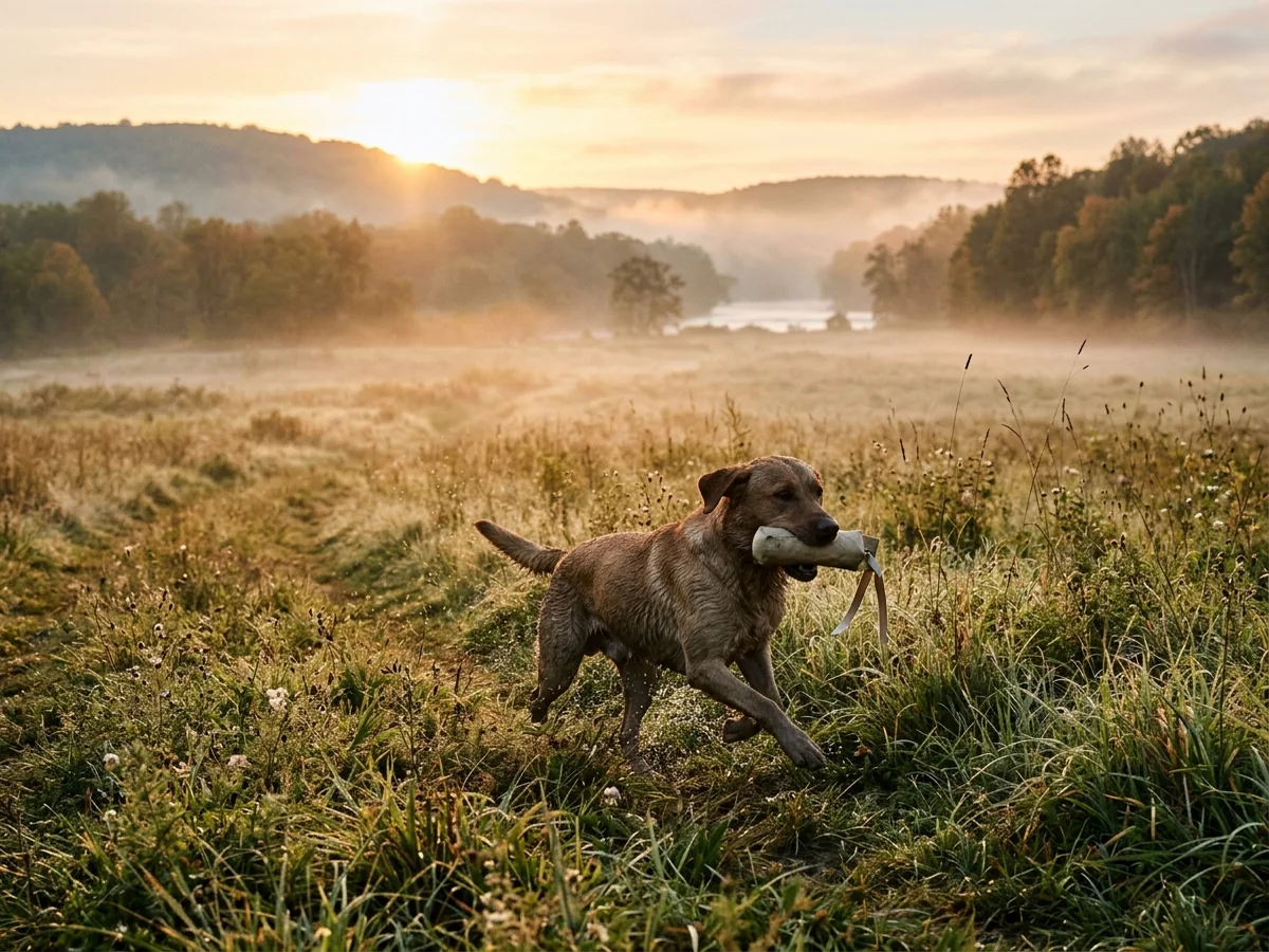 Working-line Labrador retriever in a Connecticut river-valley field representing Devon Point Farm