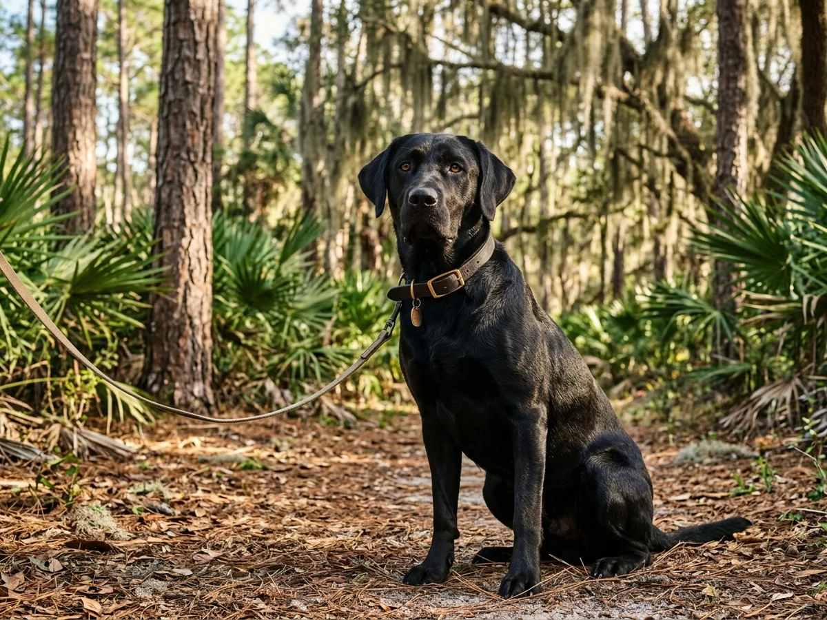 Black Labrador retriever in a Florida pine flatwoods setting representing Spirit Oaks Labradors