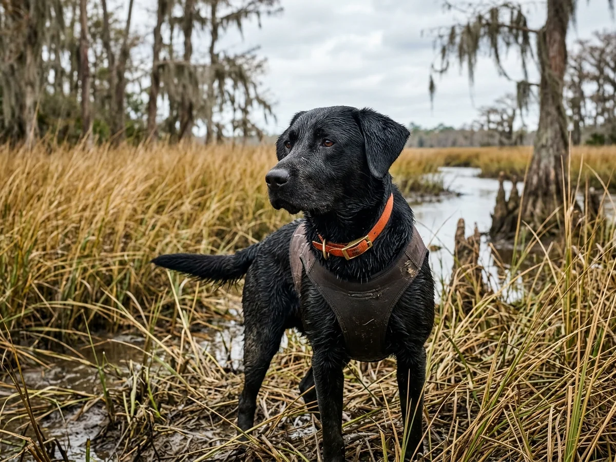 Black Labrador retriever in a Georgia hunt-test marsh setting representing Brassbrigade Labradors