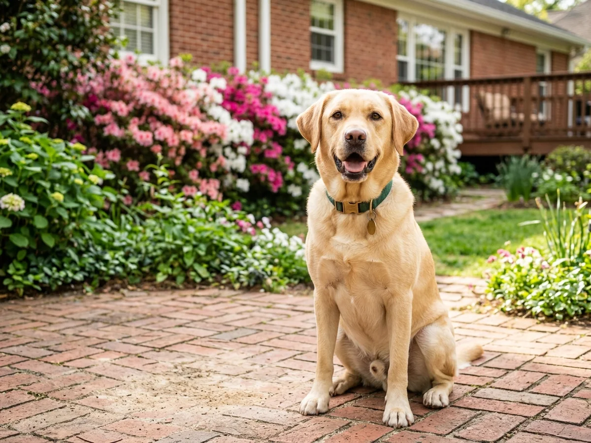 Yellow Labrador retriever in an Atlanta suburban backyard representing Carriage Hill Labradors