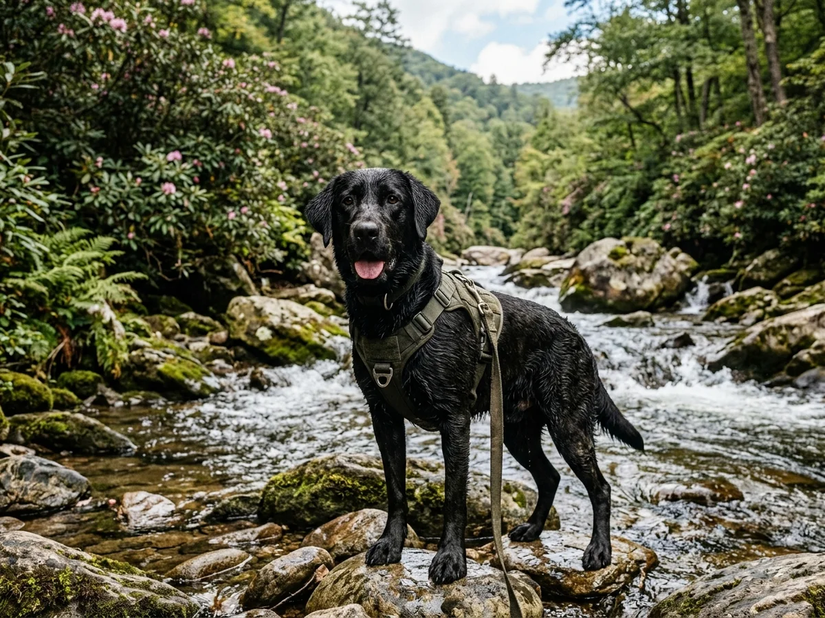 Black Labrador retriever in a North Georgia mountain stream representing Katons Labradors