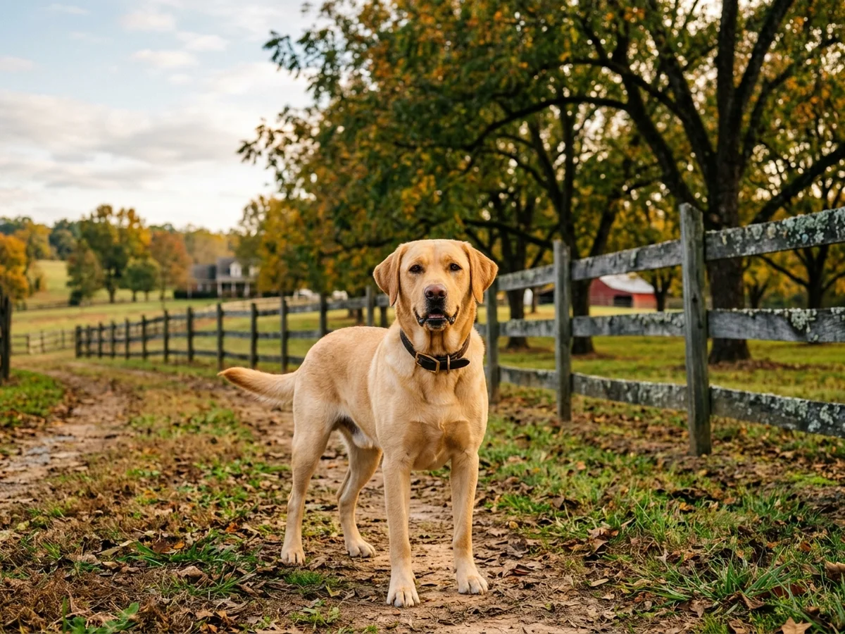 Yellow Labrador retriever in a Georgia farm scene representing Lochbuie Labradors