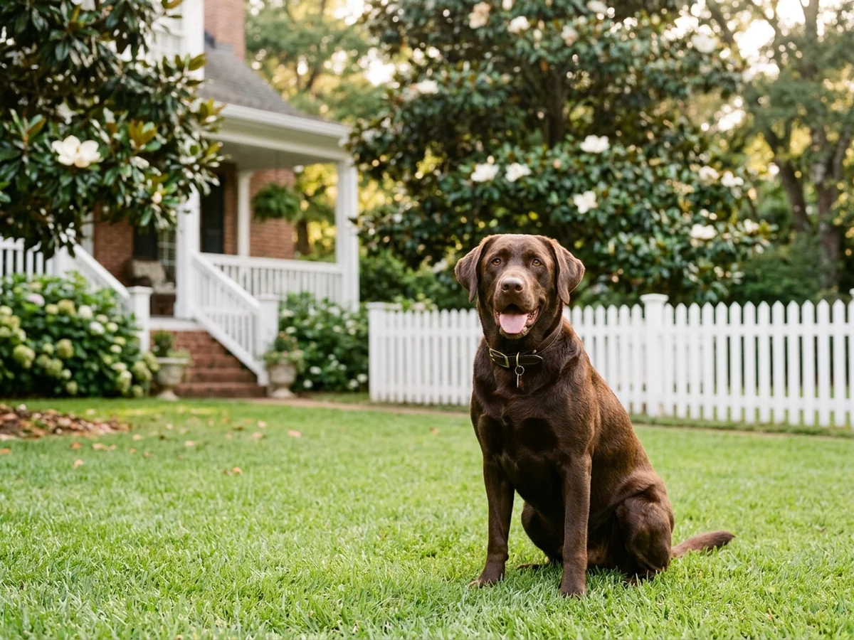 Chocolate Labrador retriever in a Georgia residential setting representing van Dalen Labradors