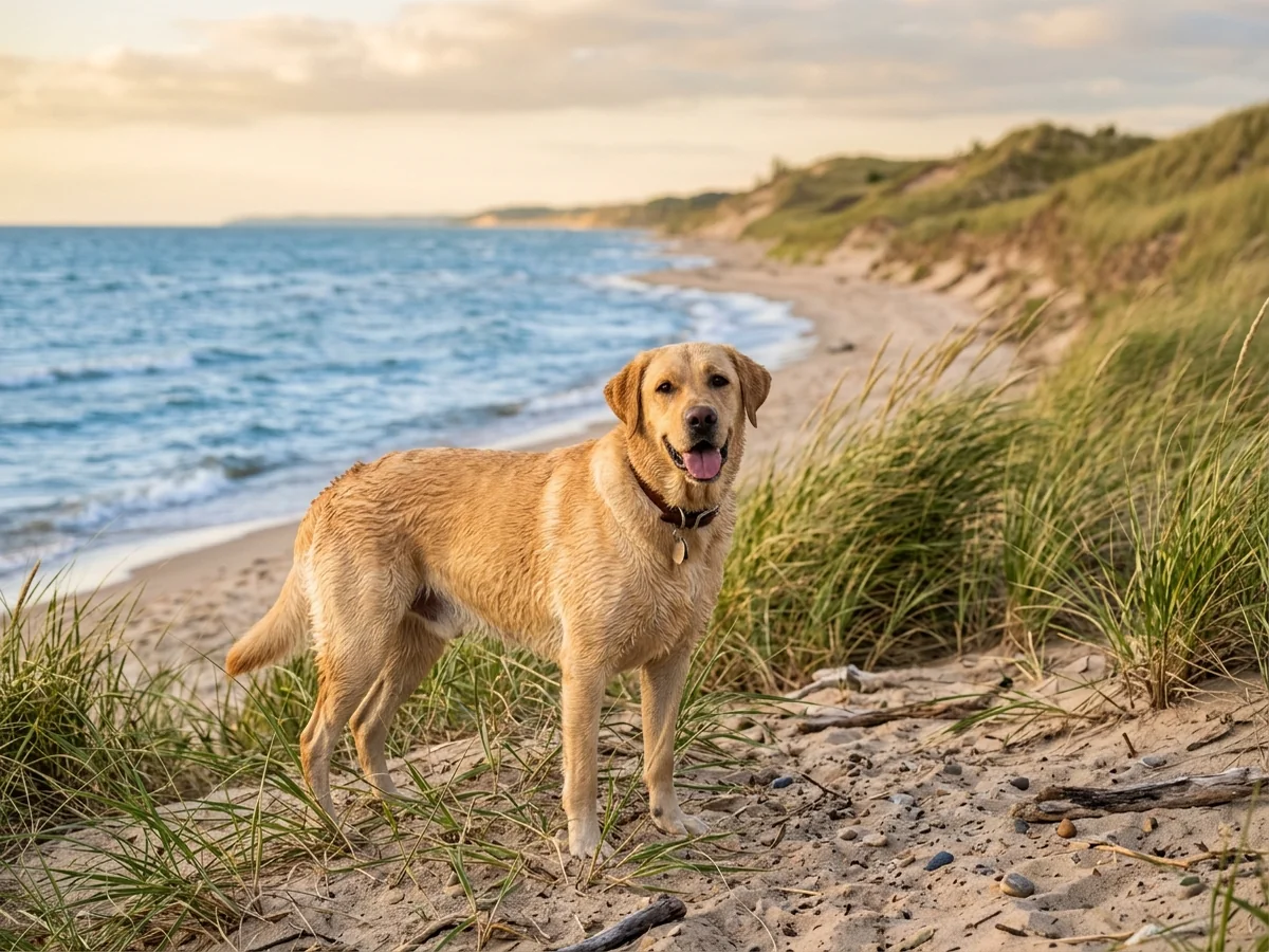 Yellow Labrador retriever near Lake Michigan Indiana shoreline representing Big Sky Labradors