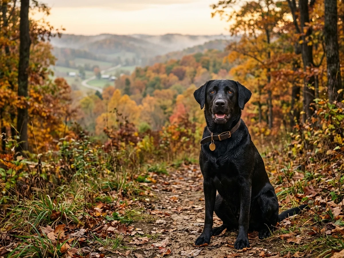 Black Labrador retriever in southern Indiana hill country forest representing Buck Branch Labradors