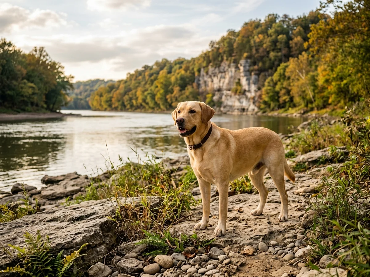 Yellow Labrador retriever in a SE Indiana riverbank near Ohio River representing Gregoire's Labrador Retrievers